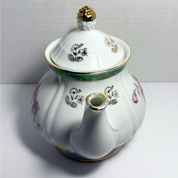 Vintage White Porcelain Japanese Teapot Pink Floral Art Gold Turquoise Accents - Picture 2 of 7